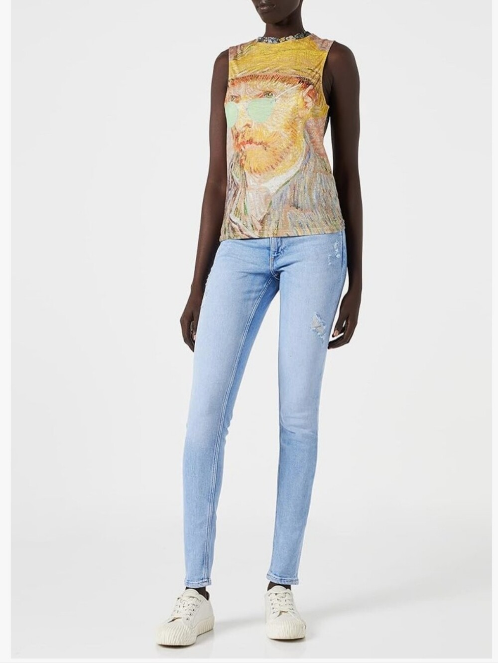 Desigual sleeveless graphic top featuring a painted Vincent van Gogh portrait